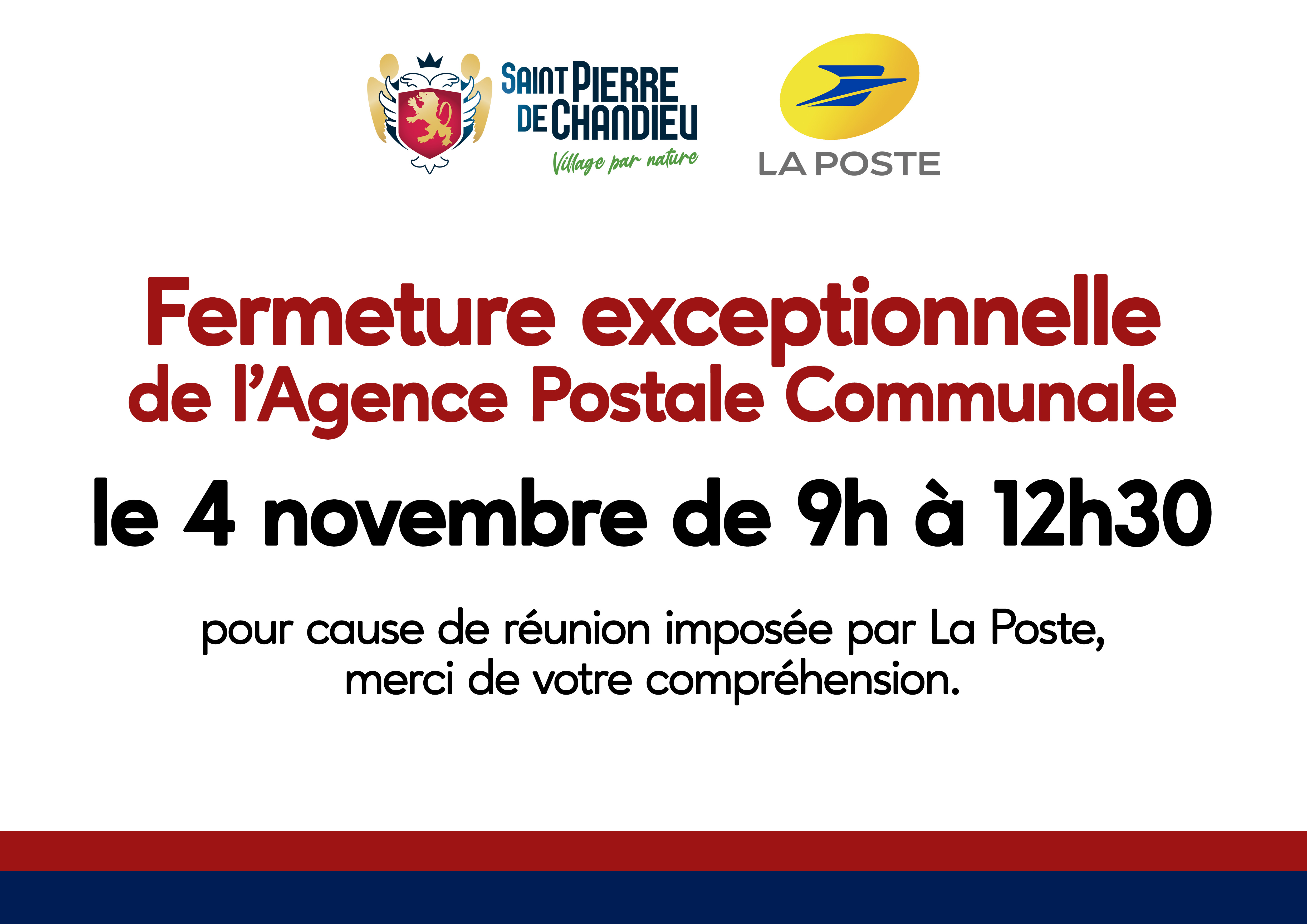 Fermeture exceptionnelle de la Poste 04/11/25 au matin